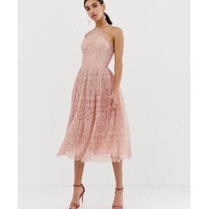 Asos Pink Lace Midi Dress With Pinny Bodice Size 12 New Sleeveless